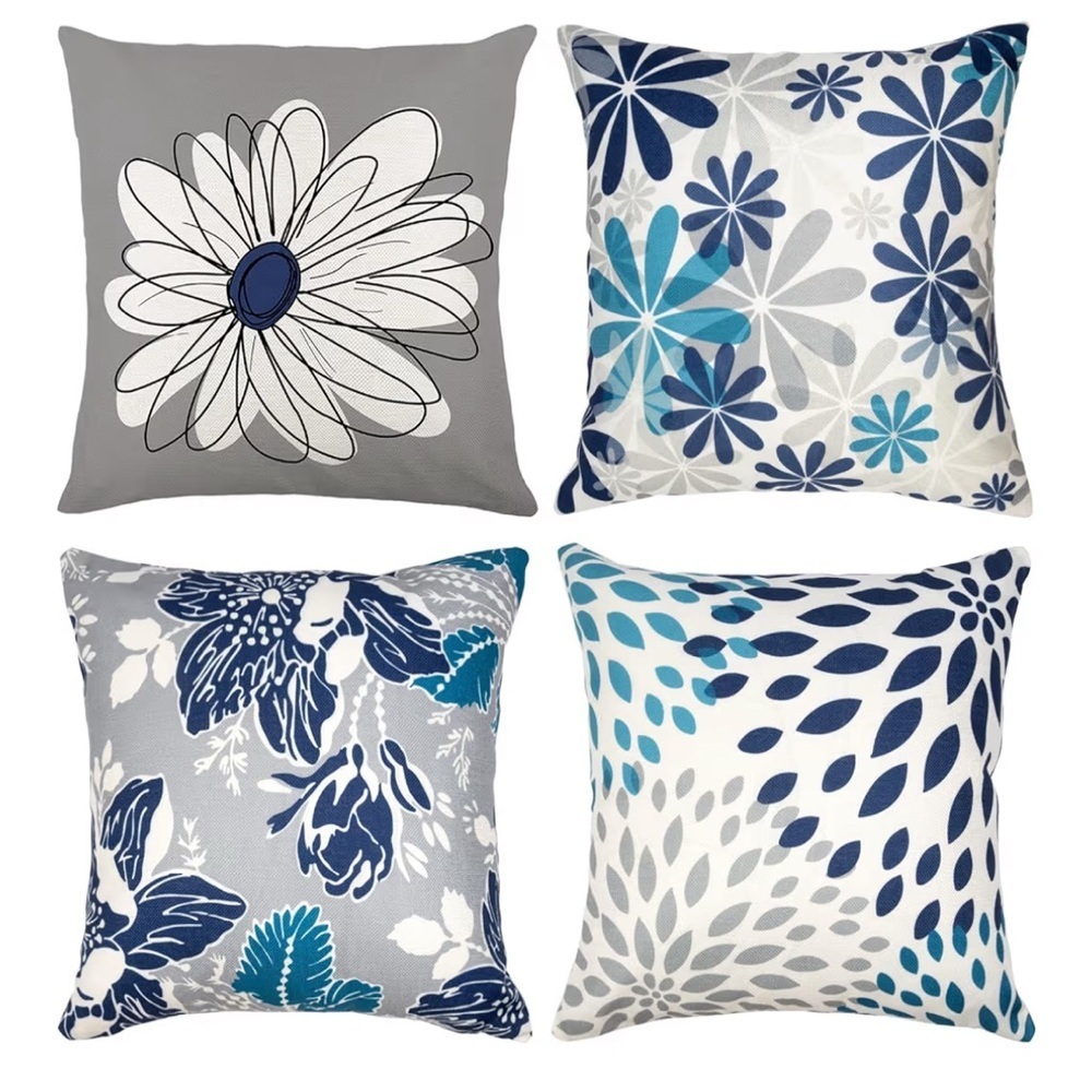 New set of four 18 x 18
4Different flower floral patterns
Slate gray,white,blue